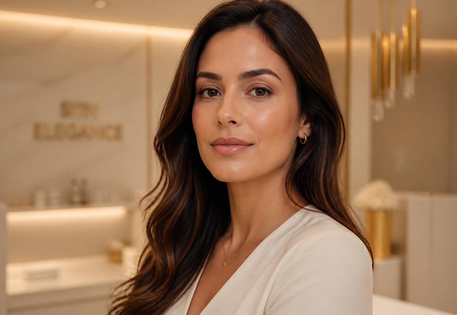 Mulher elegante com pele impecável em clínica de estética sofisticada